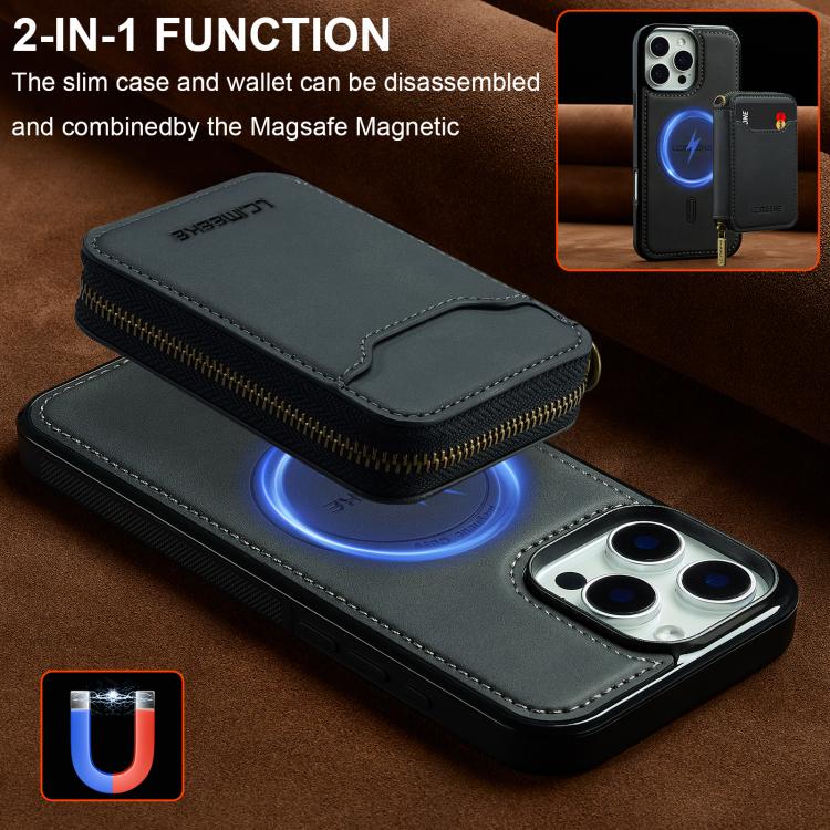 For iPhone 15 Pro Max LC.IMEEKE L6 Series Zipper Card Bag MagSafe Magnetic Phone Case