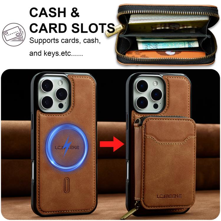 For iPhone 15 Pro Max LC.IMEEKE L6 Series Zipper Card Bag MagSafe Magnetic Phone Case