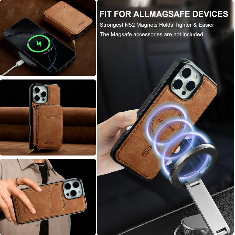 For iPhone 15 Pro Max LC.IMEEKE L6 Series Zipper Card Bag MagSafe Magnetic Phone Case