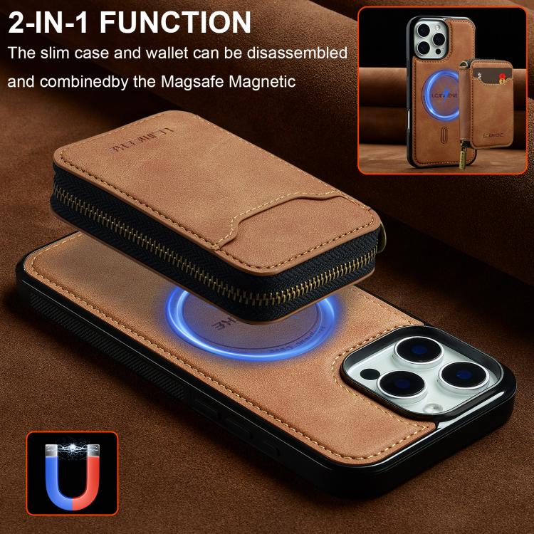 For iPhone 15 Pro Max LC.IMEEKE L6 Series Zipper Card Bag MagSafe Magnetic Phone Case
