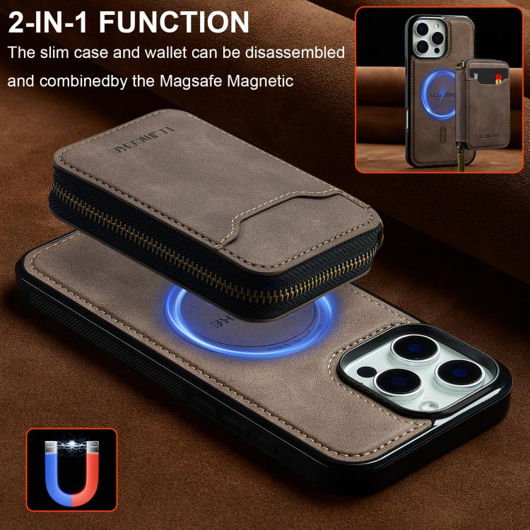 For iPhone 15 Pro Max LC.IMEEKE L6 Series Zipper Card Bag MagSafe Magnetic Phone Case