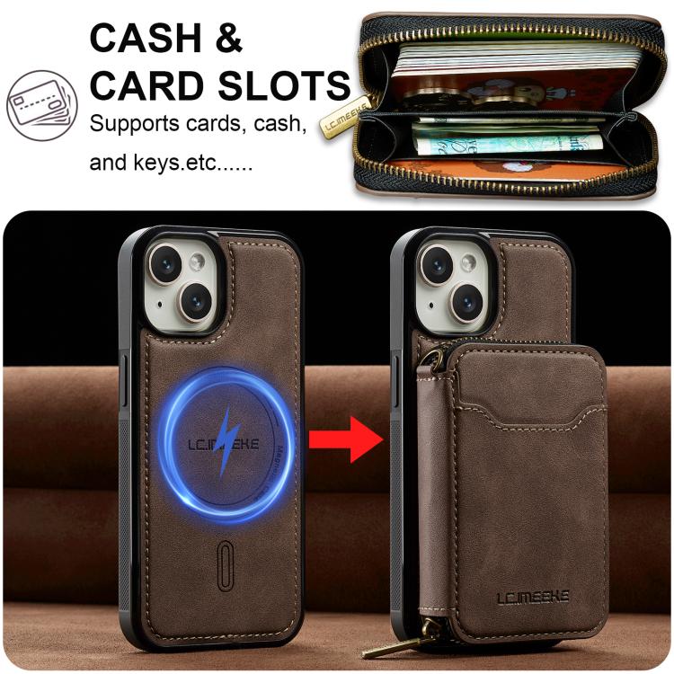 For iPhone 15 LC.IMEEKE L6 Series Zipper Card Bag MagSafe Magnetic Phone Case