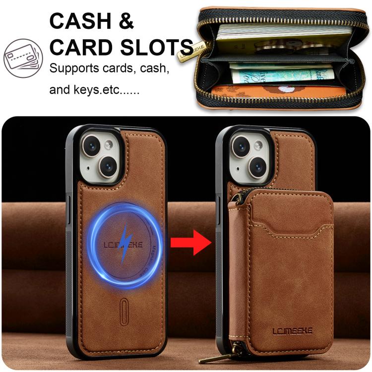 For iPhone 13 LC.IMEEKE L6 Series Zipper Card Bag MagSafe Magnetic Phone Case