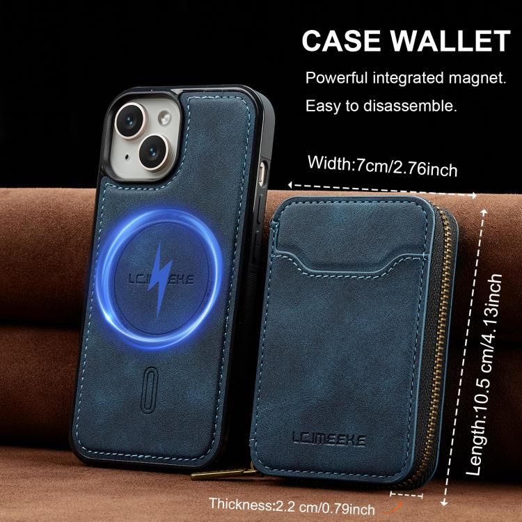 For iPhone 15 Plus LC.IMEEKE L6 Series Zipper Card Bag MagSafe Magnetic Phone Case