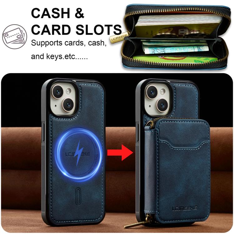 For iPhone 15 Plus LC.IMEEKE L6 Series Zipper Card Bag MagSafe Magnetic Phone Case