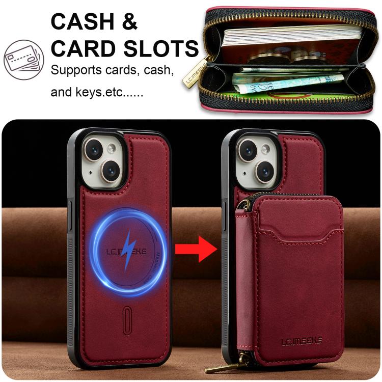 For iPhone 15 Plus LC.IMEEKE L6 Series Zipper Card Bag MagSafe Magnetic Phone Case