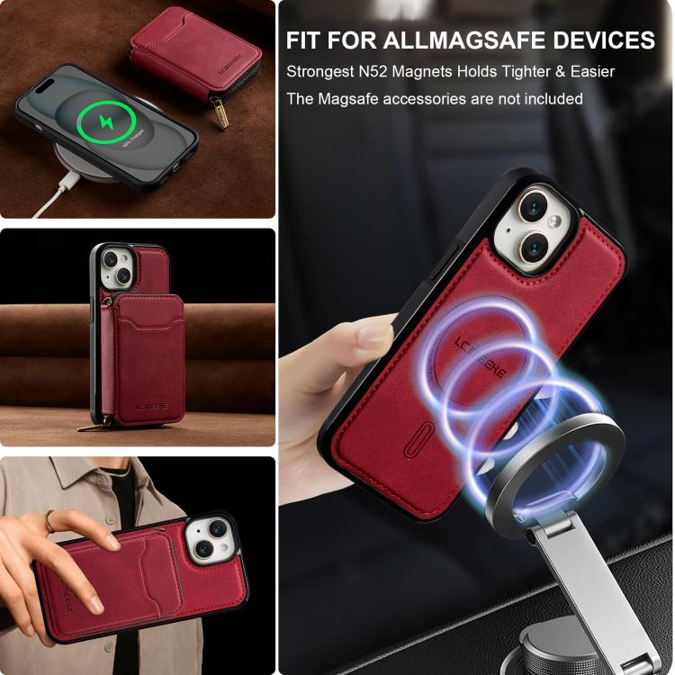 For iPhone 15 Plus LC.IMEEKE L6 Series Zipper Card Bag MagSafe Magnetic Phone Case