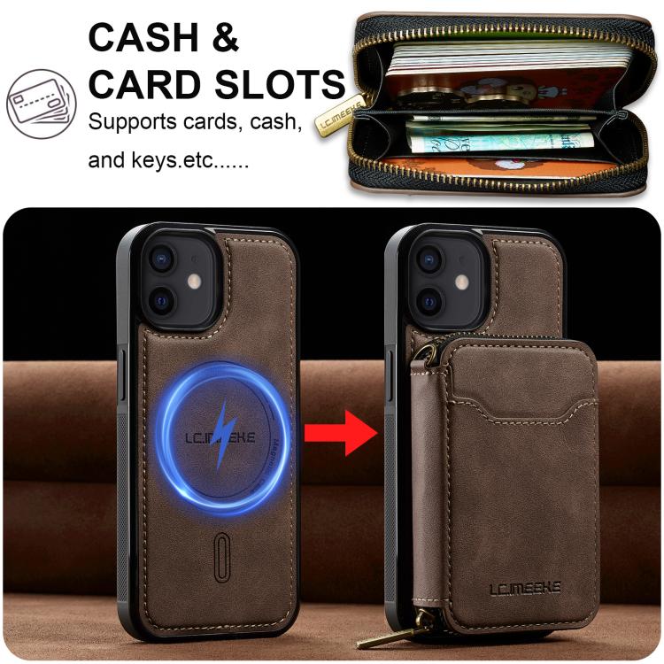 For iPhone 12 / 12 Pro LC.IMEEKE L6 Series Zipper Card Bag MagSafe Magnetic Phone Case