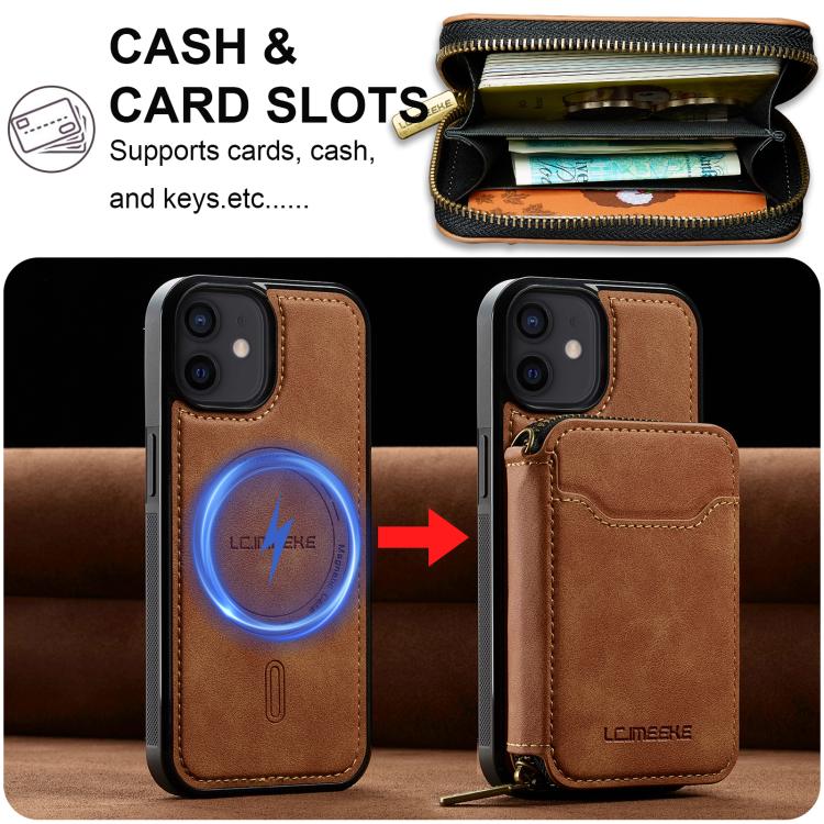 For iPhone 11 LC.IMEEKE L6 Series Zipper Card Bag MagSafe Magnetic Phone Case