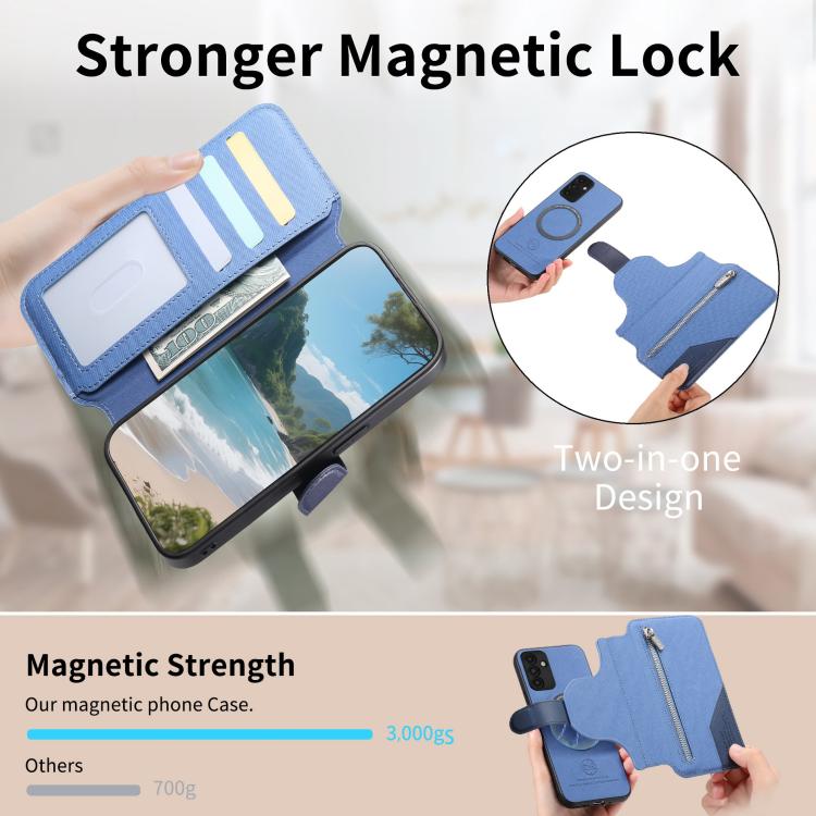 For Galaxy A13 5G Twill Fabric MagSafe RFID Anti-theft Zipper Wallet Leather Phone Case