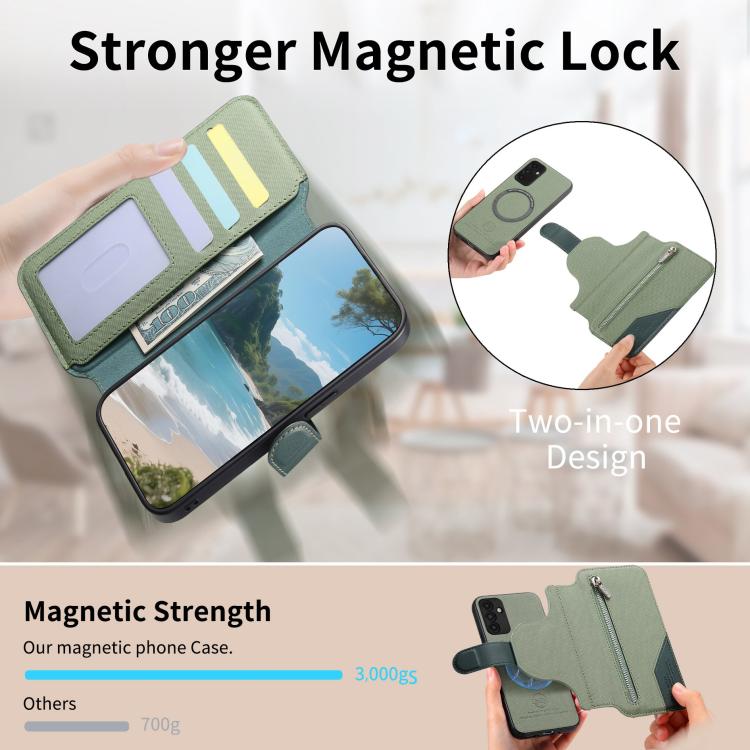 For Galaxy A13 5G Twill Fabric MagSafe RFID Anti-theft Zipper Wallet Leather Phone Case