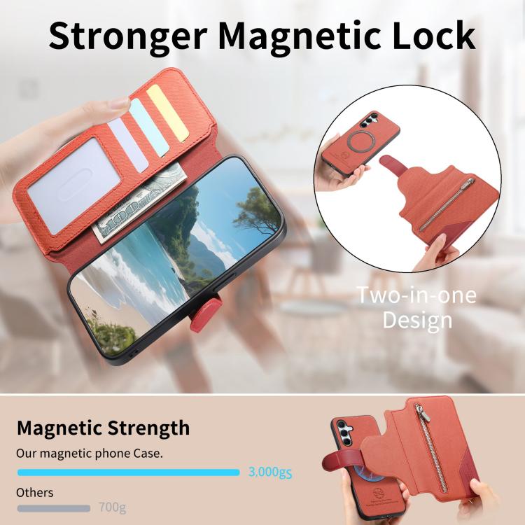 For Galaxy A55 5G Twill Fabric MagSafe RFID Anti-theft Zipper Wallet Leather Phone Case