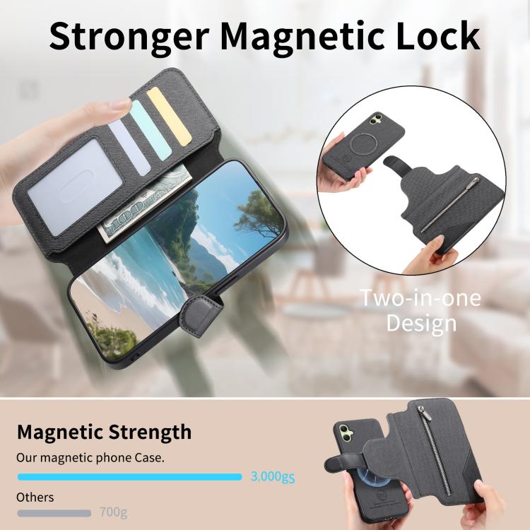 For Galaxy A04 Twill Fabric MagSafe RFID Anti-theft Zipper Wallet Leather Phone Case