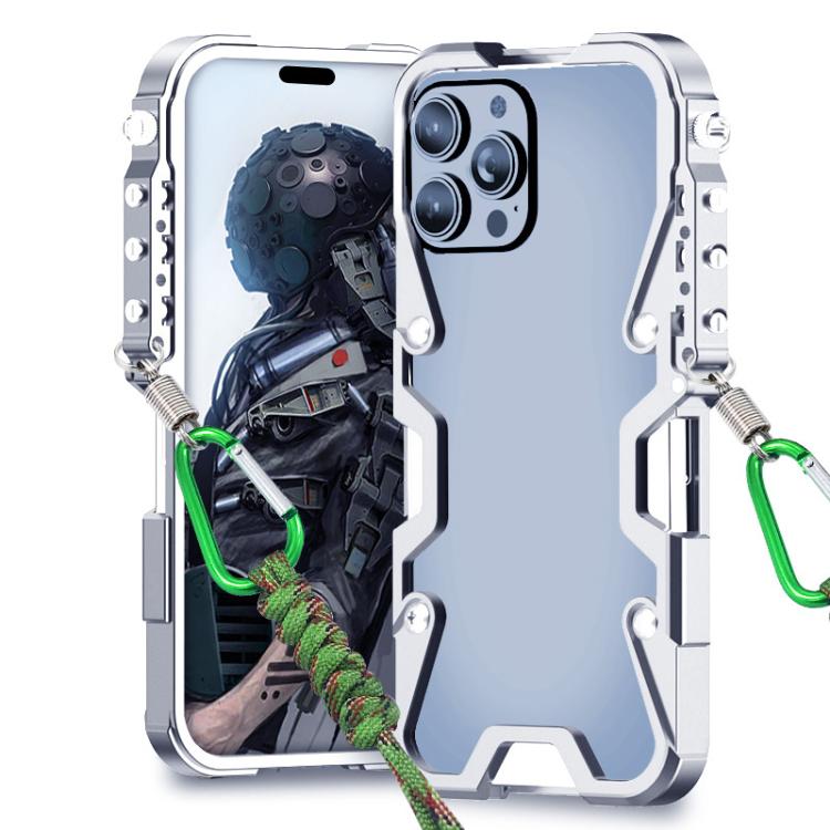For iPhone 15 Pro Max Trigger Design Hollow Metal Frame Phone Case with Lanyard