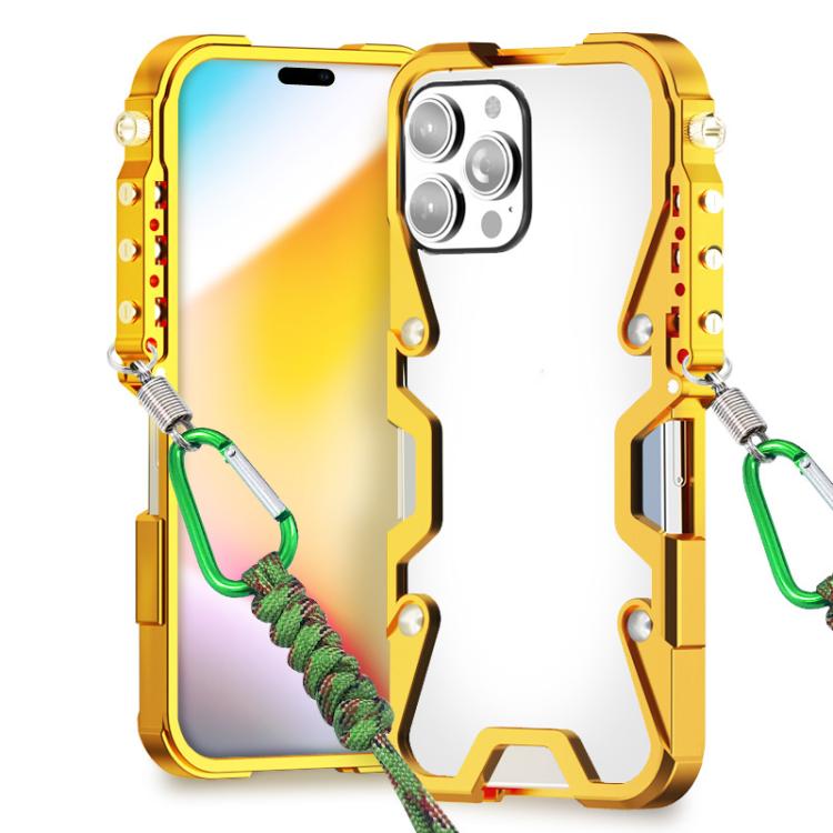 For iPhone 15 Pro Max Trigger Design Hollow Metal Frame Phone Case with Lanyard