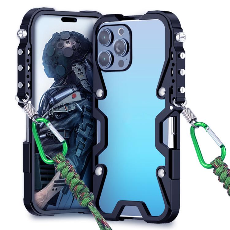 For iPhone 15 Pro Trigger Design Hollow Metal Frame Phone Case with Lanyard