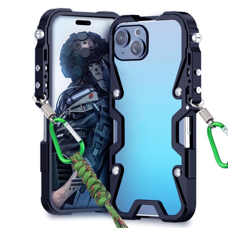 For iPhone 15 Trigger Design Hollow Metal Frame Phone Case with Lanyard
