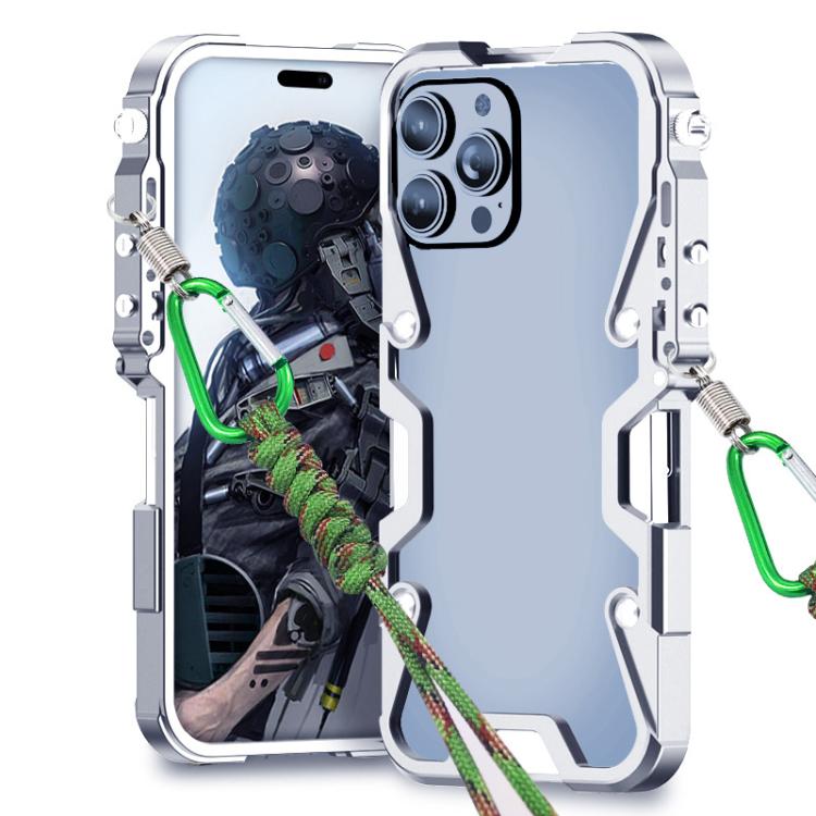 For iPhone 14 Pro Max Trigger Design Hollow Metal Frame Phone Case with Lanyard