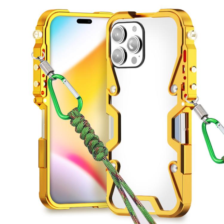 For iPhone 14 Pro Max Trigger Design Hollow Metal Frame Phone Case with Lanyard