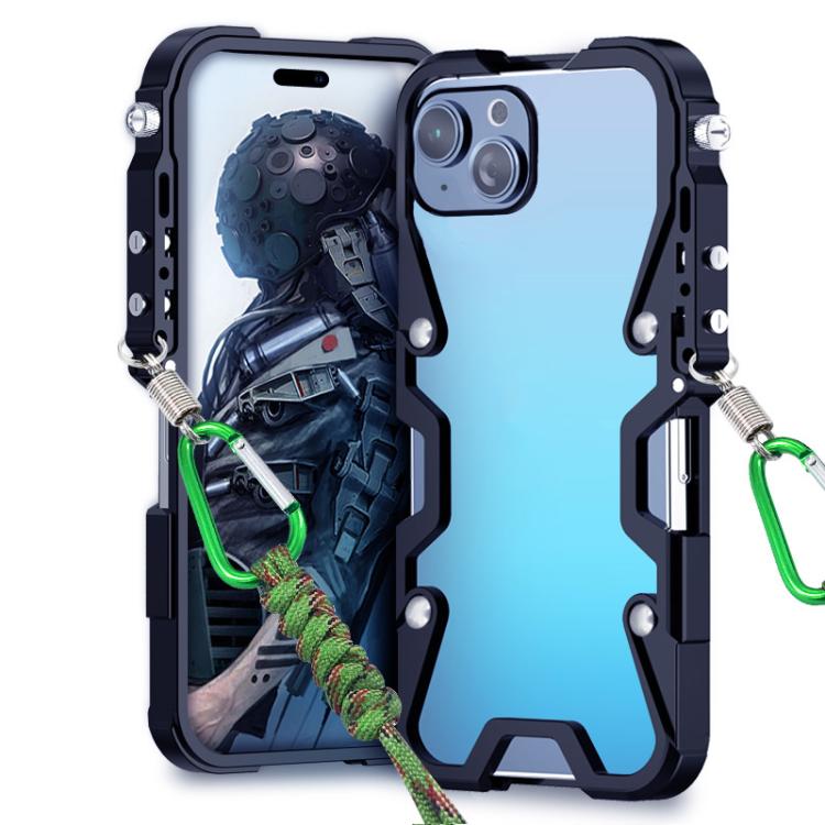 For iPhone 14 Plus Trigger Design Hollow Metal Frame Phone Case with Lanyard