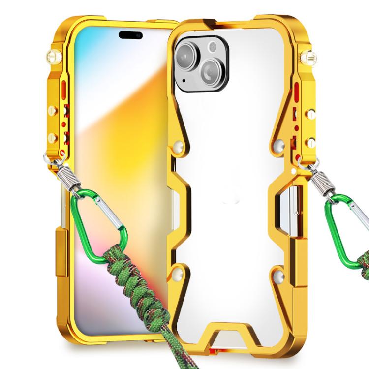 For iPhone 14 Plus Trigger Design Hollow Metal Frame Phone Case with Lanyard