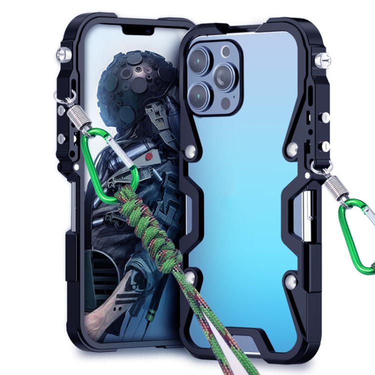 For iPhone 13 Pro Trigger Design Hollow Metal Frame Phone Case with Lanyard