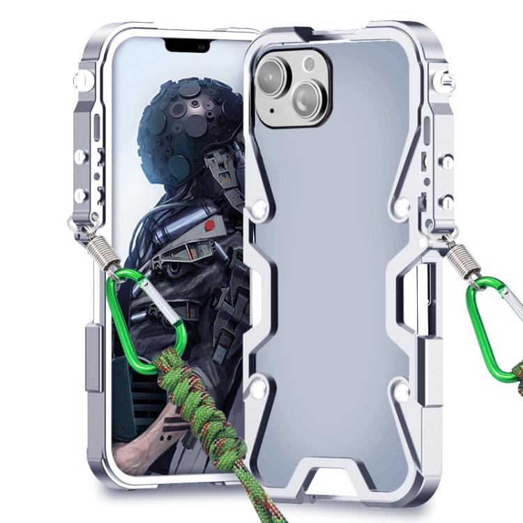 For iPhone 13 Trigger Design Hollow Metal Frame Phone Case with Lanyard