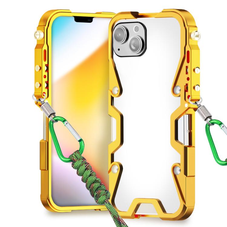 For iPhone 13 Trigger Design Hollow Metal Frame Phone Case with Lanyard