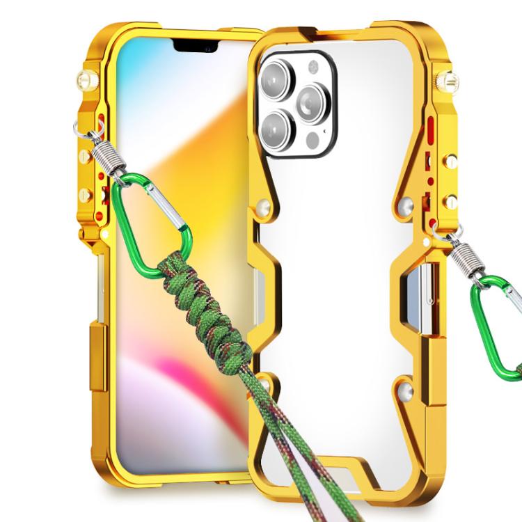 For iPhone 12 Pro Trigger Design Hollow Metal Frame Phone Case with Lanyard