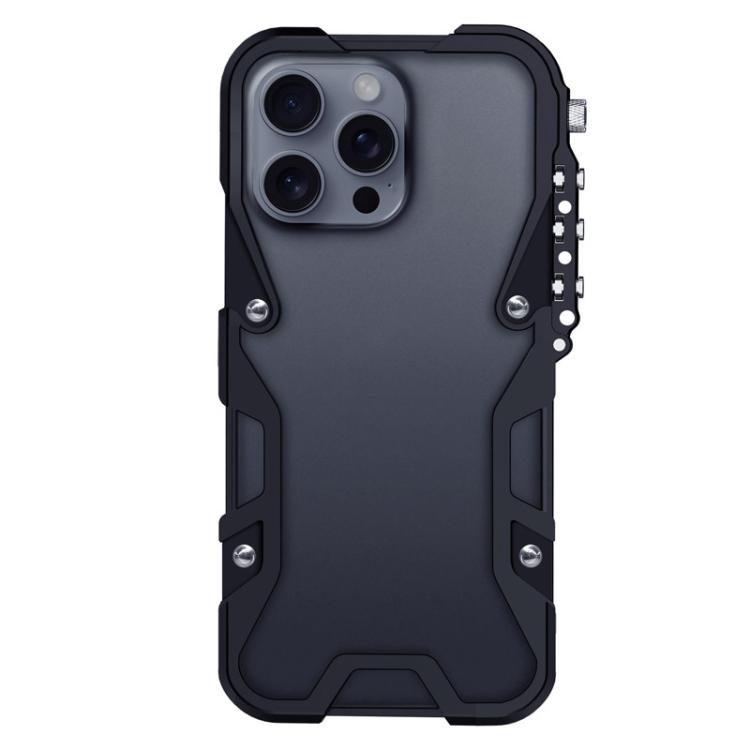 For iPhone 16 Pro Trigger Design Hollow Metal Frame Phone Case with Lanyard