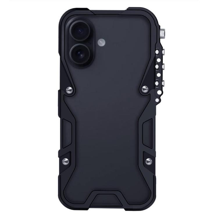For iPhone 16 Plus Trigger Design Hollow Metal Frame Phone Case with Lanyard