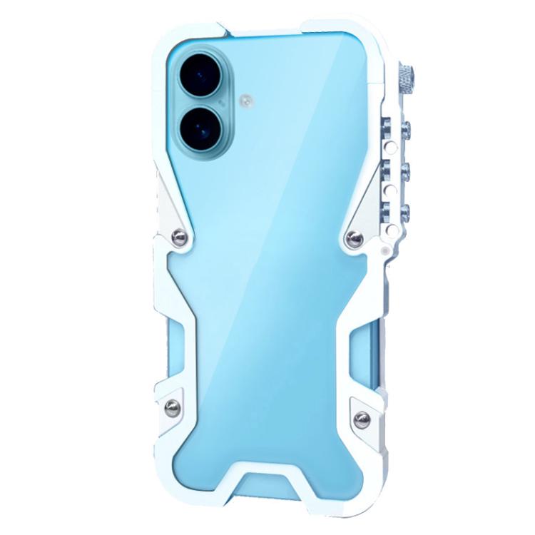For iPhone 16 Plus Trigger Design Hollow Metal Frame Phone Case with Lanyard