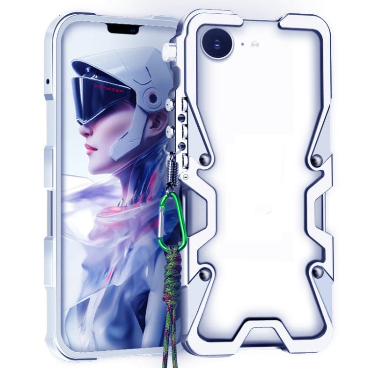 For iPhone 17e / 16e Trigger Design Hollow Metal Frame Phone Case with Lanyard