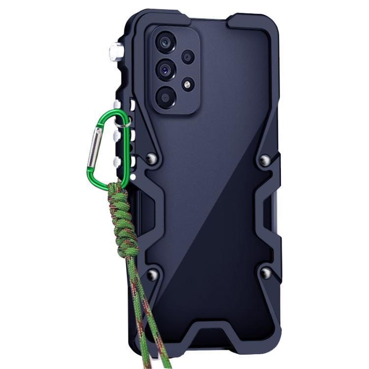 For Samsung Galaxy A73 5G Trigger Design Hollow Metal Frame Phone Case with Lanyard