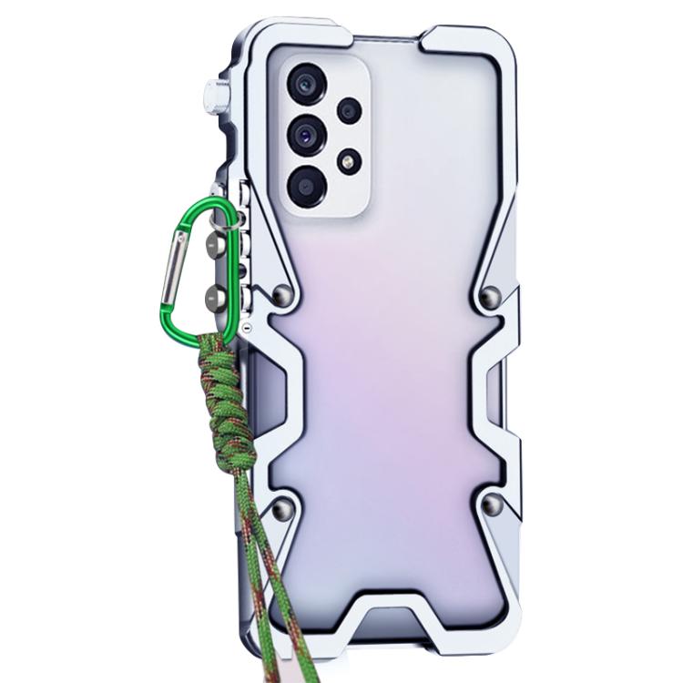 For Samsung Galaxy A73 5G Trigger Design Hollow Metal Frame Phone Case with Lanyard