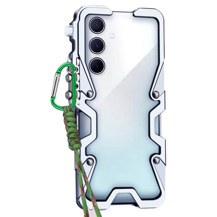 For Samsung Galaxy A34 5G Trigger Design Hollow Metal Frame Phone Case with Lanyard