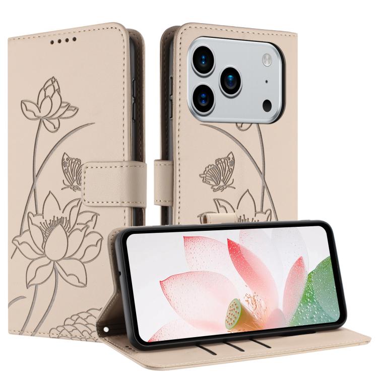 For iPhone 17 Pro Lotus Embossed Leather Phone Case with Lanyard