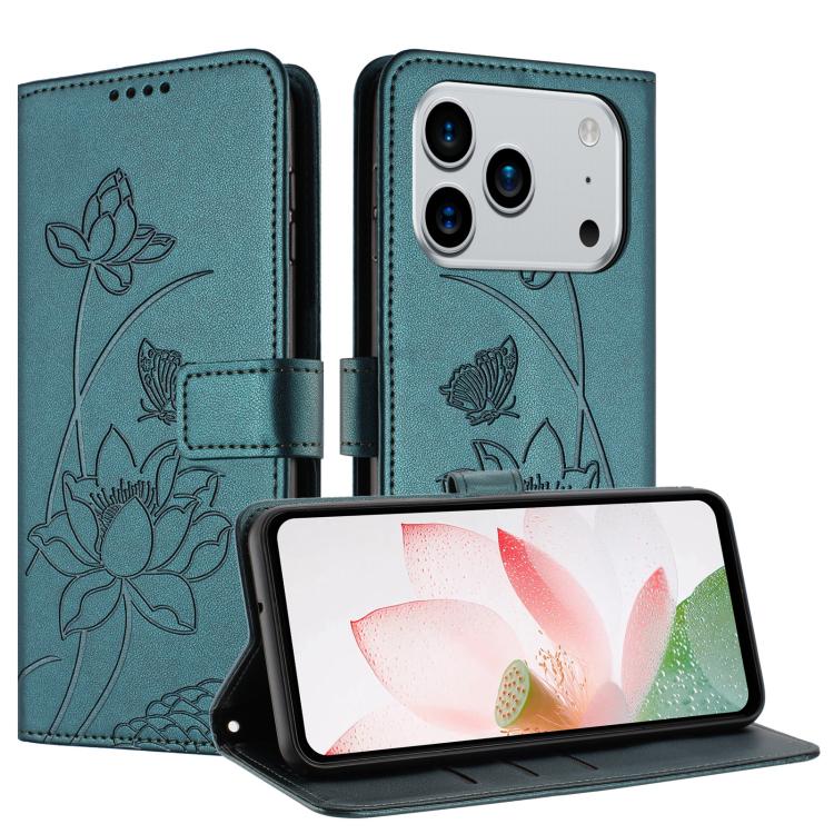 For iPhone 17 Pro Lotus Embossed Leather Phone Case with Lanyard
