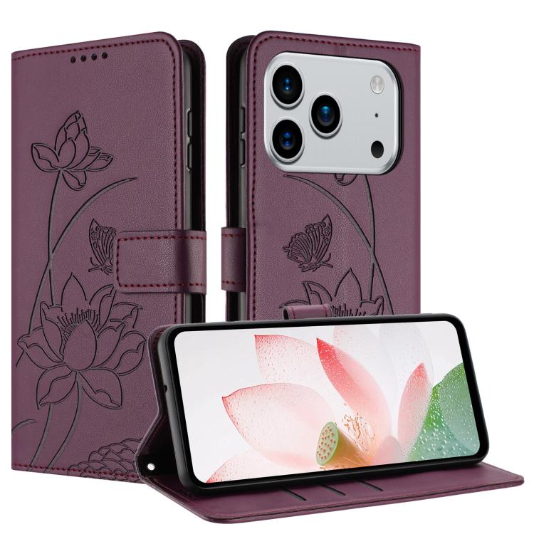 For iPhone 17 Pro Lotus Embossed Leather Phone Case with Lanyard