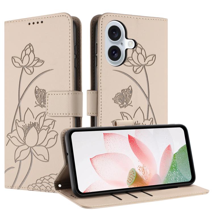 For iPhone 17 Lotus Embossed Leather Phone Case with Lanyard