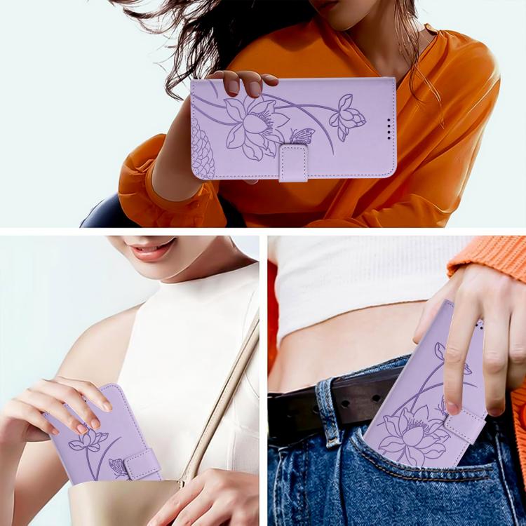 For iPhone 15 Pro Max Lotus Embossed Leather Phone Case with Lanyard