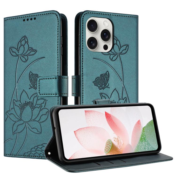 For iPhone 15 Pro Max Lotus Embossed Leather Phone Case with Lanyard