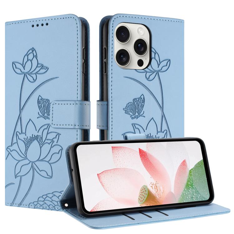 For iPhone 15 Pro Lotus Embossed Leather Phone Case with Lanyard
