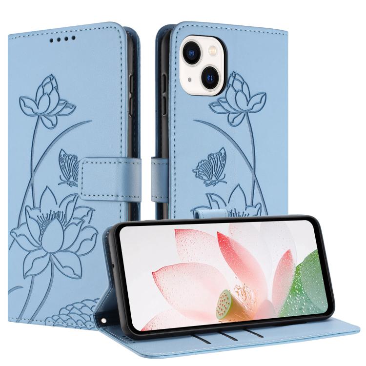For iPhone 15 Plus / 14 Plus Lotus Embossed Leather Phone Case with Lanyard