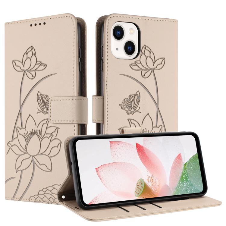 For iPhone 15 Lotus Embossed Leather Phone Case with Lanyard