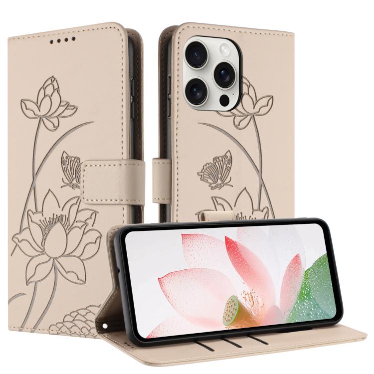 For iPhone 13 Pro Lotus Embossed Leather Phone Case with Lanyard