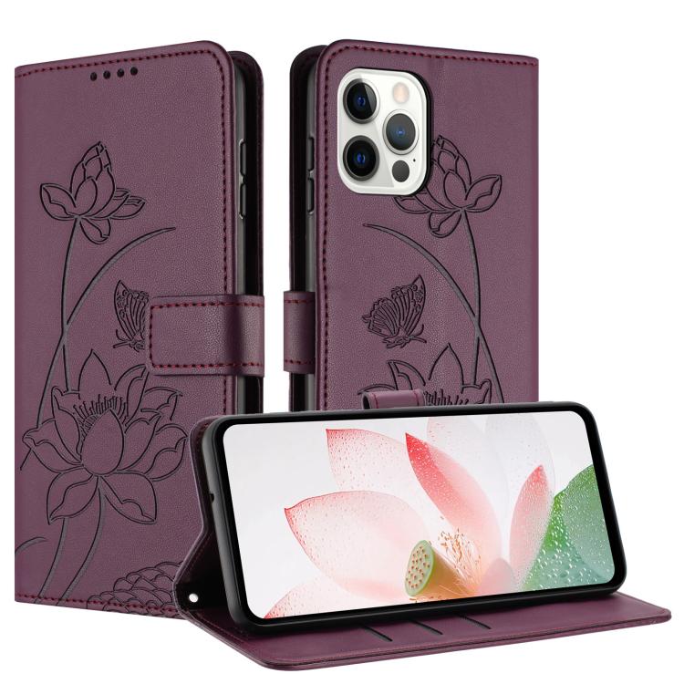 For iPhone 12 Pro Max Lotus Embossed Leather Phone Case with Lanyard