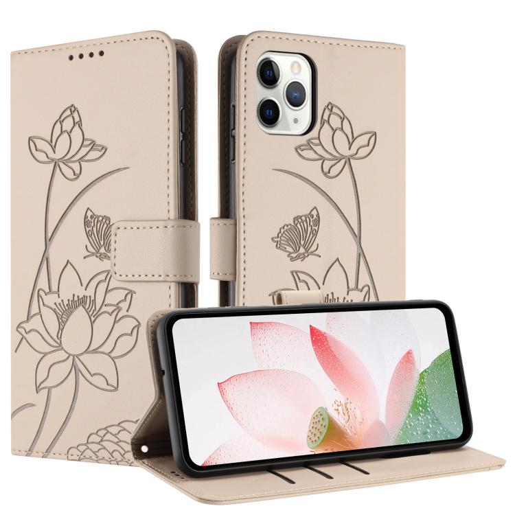 For iPhone 11 Pro Max Lotus Embossed Leather Phone Case with Lanyard