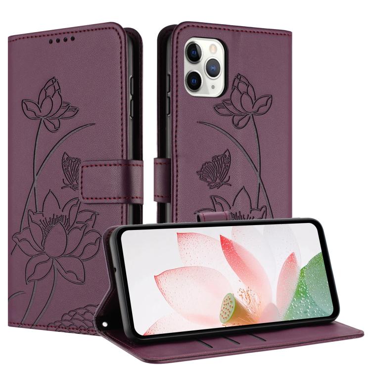 For iPhone 11 Pro Max Lotus Embossed Leather Phone Case with Lanyard