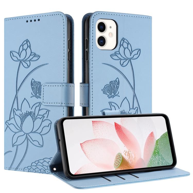 For iPhone 11 Lotus Embossed Leather Phone Case with Lanyard